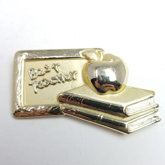 Vintage OAJC Signed Best Teacher Brooch, Gold Tone Books Apple Chalkboard Pin - Picture 6 of 6